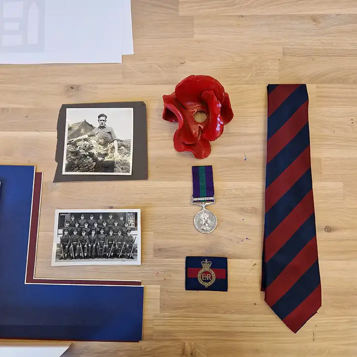 Military objects arranged ready to be framed